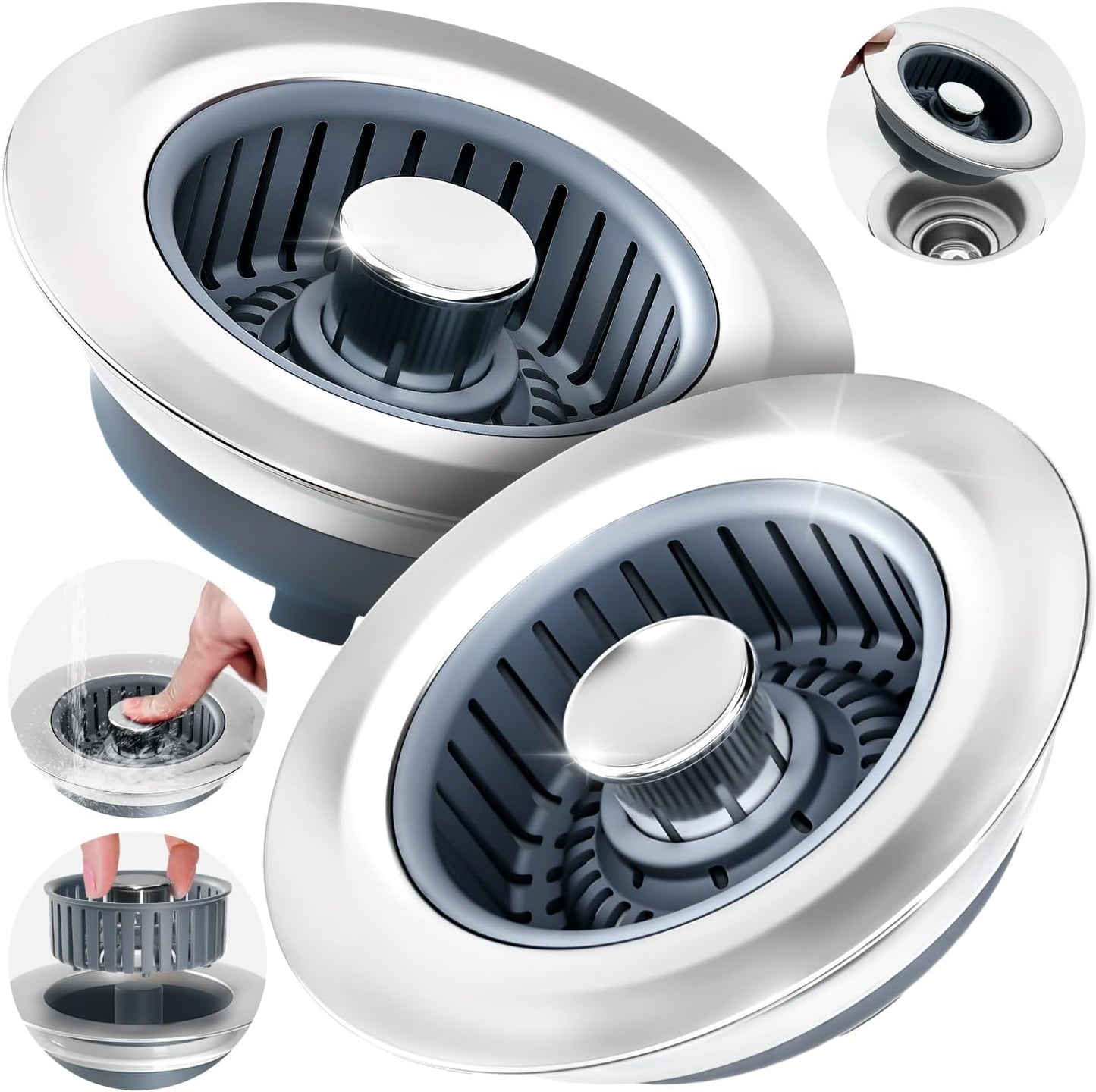 3 in 1 Kitchen Sink Drain Strainer Stopper Removable Basket Pop-Up | Kitchen Sink Food Strainer 1 Pack Silver Stainless - Food Catcher, Odor-Block Seal, Fits 3.5" Drain, Easy Clean