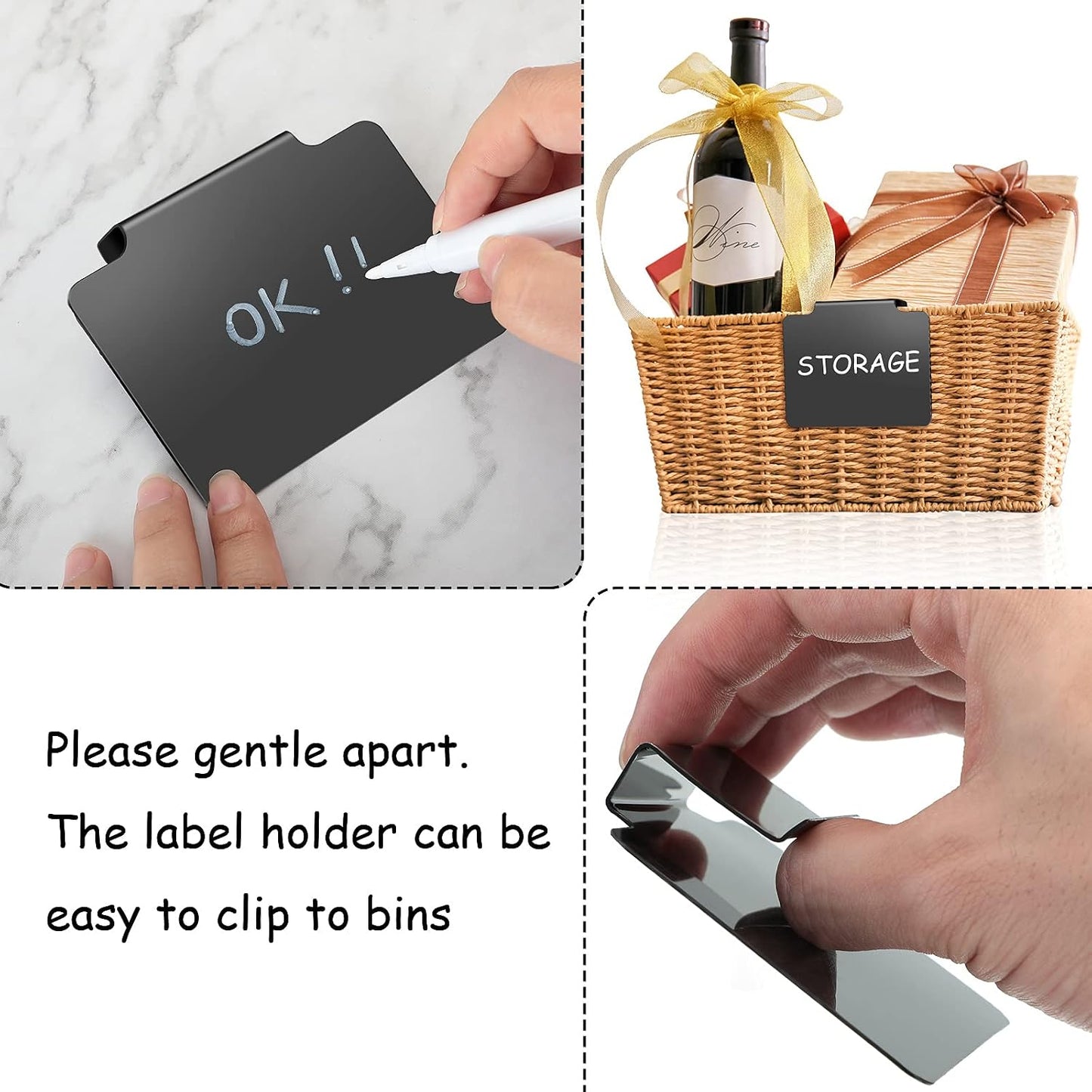 32 Pieces Basket Labels Clip Set, Include 30 Kitchen Clip Label Holder Removable PVC Bin with 2 Chalk Marker for Basket Pantry Organization Box (White Label Clip, Black Pen)