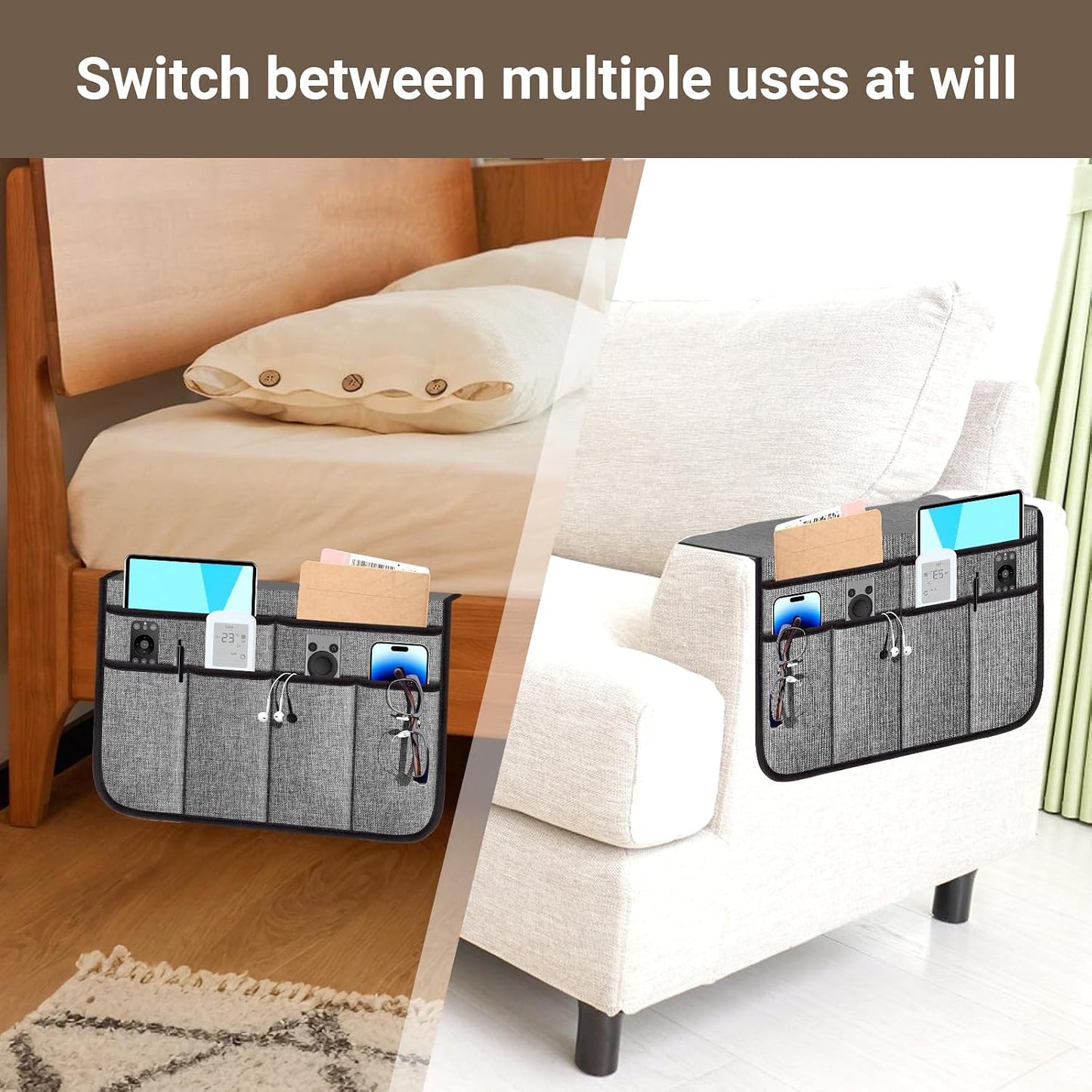 Armchair Caddy & Remote Control Holder for Couch & Recliner | Non-Slip Armrest Organizer with 6 Pockets for TV Remote, Phone, Tablet, Magazine & More, 19 x 35 Inches, Gray