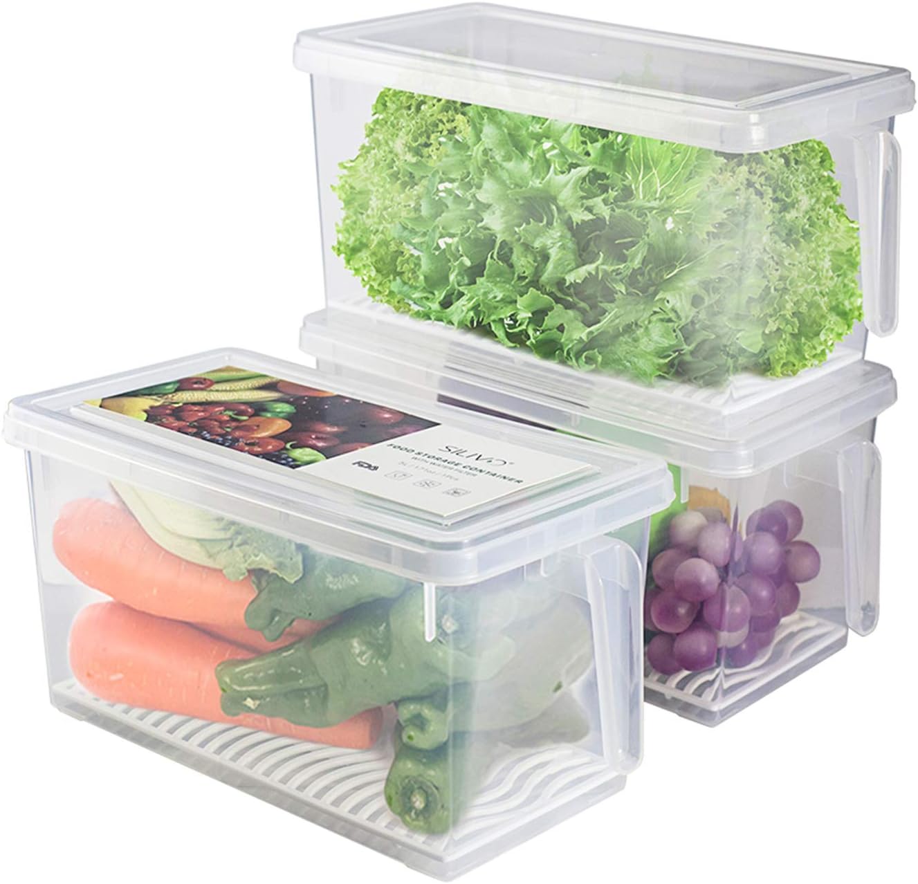 SILIVO Fruit Storage Containers for Fridge (3 Pack) - 1.5L Produce Saver Containers for Refrigerator with Removable Drain Tray Keep Fresh for Produce, Bacon, Fruits and Vegetables