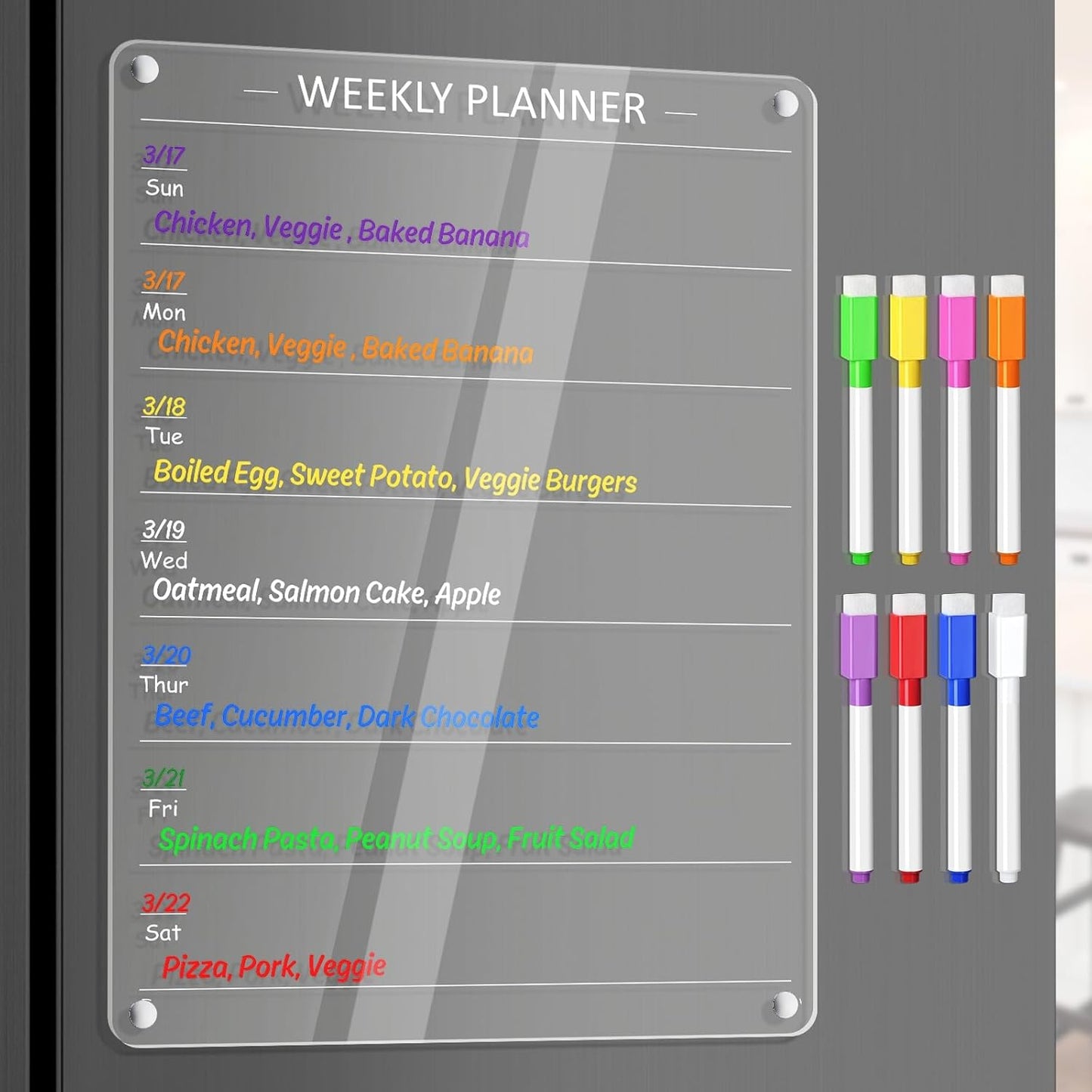 Acrylic Meal Planner Weekly Calendar Menu Board for Kitchen, w/ 8 Markers | Clear Weekly Fridge Calendar Planning Note Board Dry Erase to Do/Grocery/Shopping List/Chore Chart, 12.8x9’’