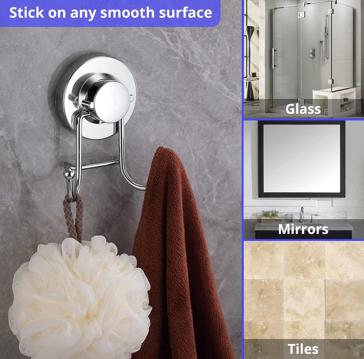 HOME SO Suction Cup Hooks for Shower & Bathroom Towel Holder 1-Pack Chrome | Waterproof Rustproof Multipurpose Organizer Hook for Hanging Loofah Robe Coat Bath Accessories on Tile Glass Door Mirror