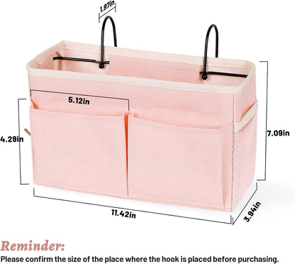 Bedside Caddy Storage with Water Bottle Holder for Bunk Bed Pink | Hanging Bedside Organizer for Hospital Bed Dorm Rooms