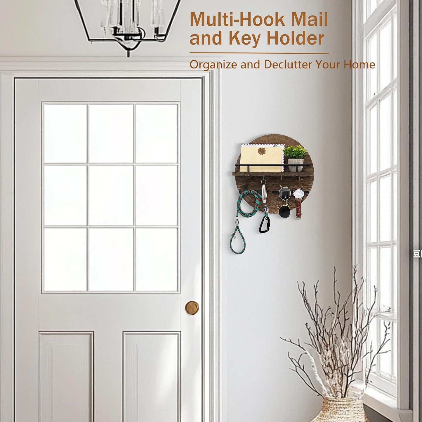 Key Holder for Wall Decorative with Shelf and Hooks, Mail Organizer Wall Mount with Sunglasses Holder, Circular Design Entryway Key Rack Hanger, Rustic Home Decor Boho Wall Decor (White)