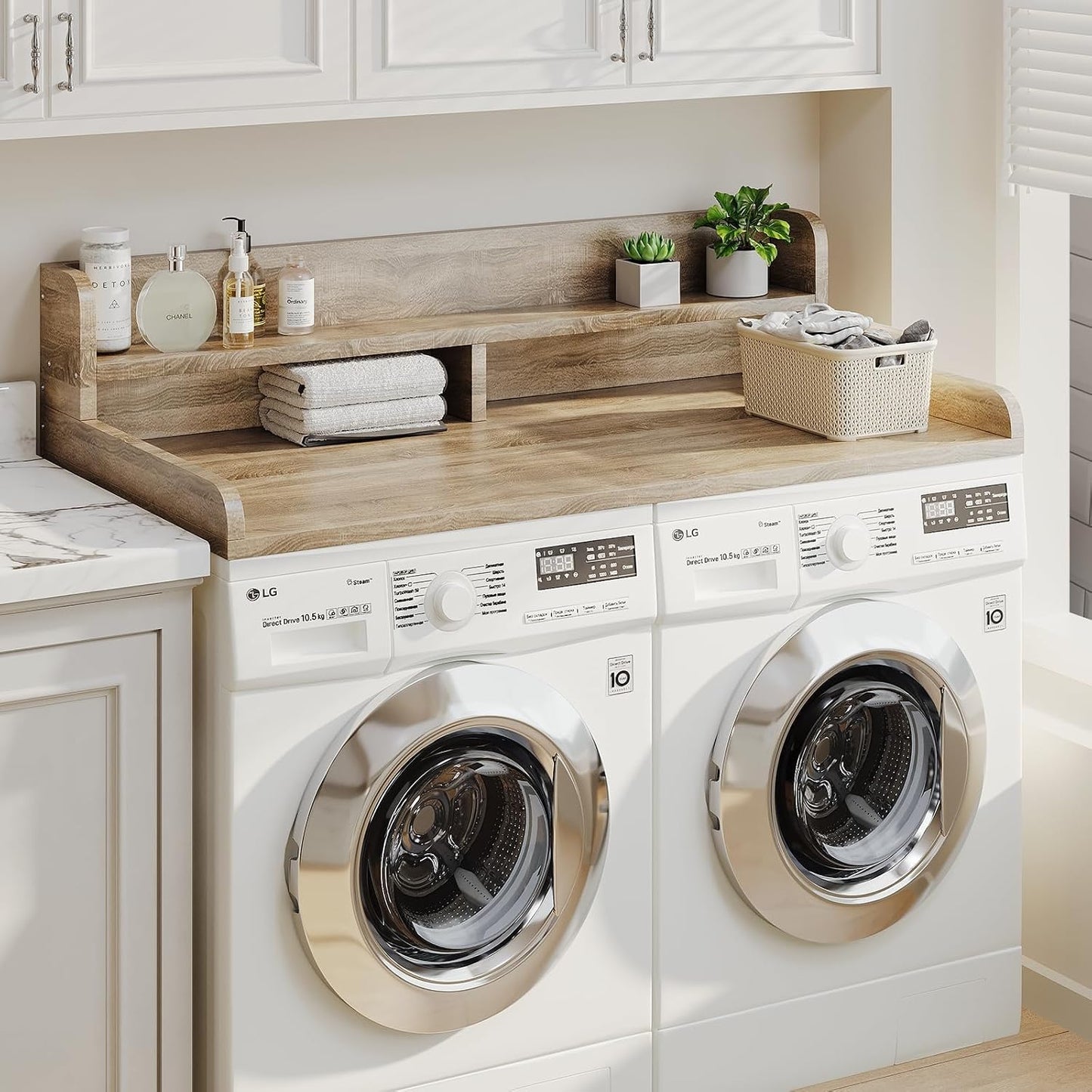 2-Tier Washer Dryer Countertop with 2.75" H Edge Rails, 54" W x 27.55" D Laundry Countertop for Folding Clothes, Washer and Dryer Topper with Non-Slip Pad (Dark Walnut)