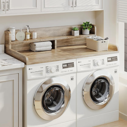 2-Tier Washer Dryer Countertop with 2.75" H Edge Rails, 54" W x 27.55" D Laundry Countertop for Folding Clothes, Washer and Dryer Topper with Non-Slip Pad (Dark Walnut)