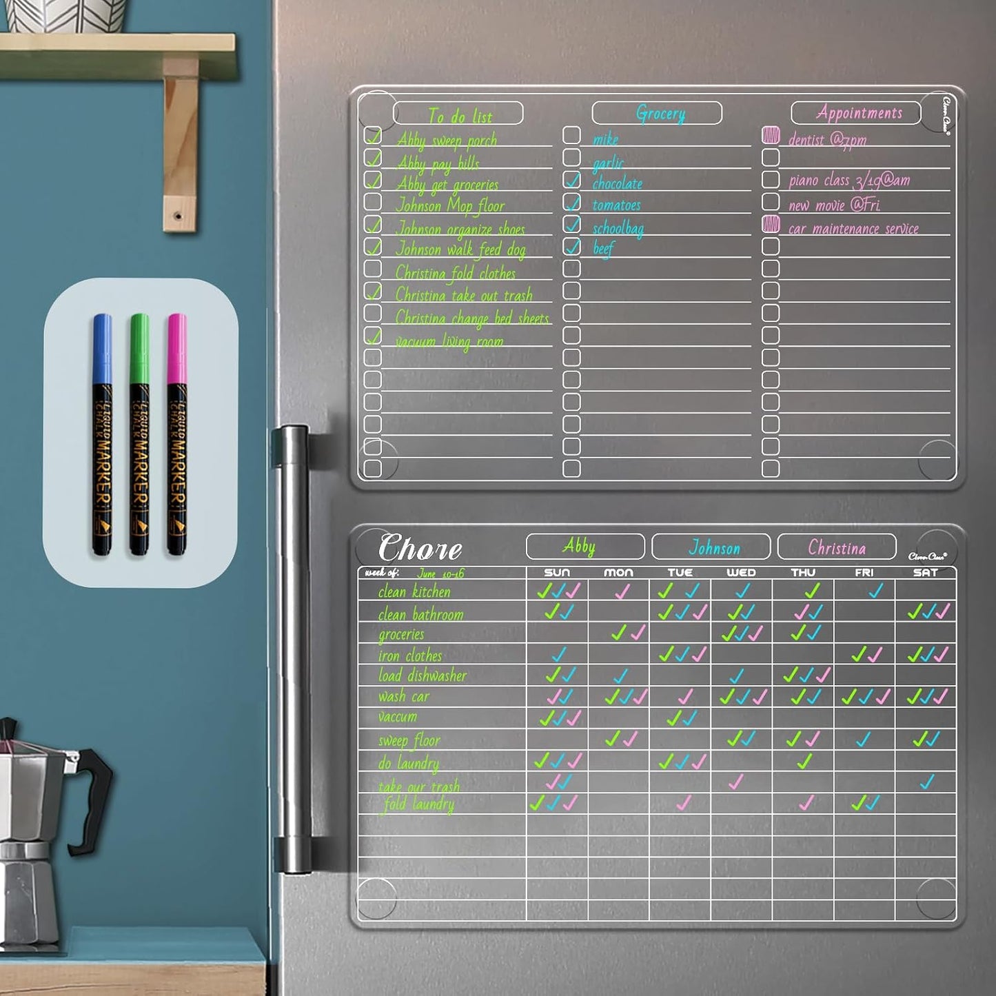 Clear Non-Magnetic Calendar Set for Fridge - Dry Erase Transparent Monthly and Weekly Calendar, List and Blank Whiteboard - Sticks to Wall, Glass, Door, Any Smooth Surfaces