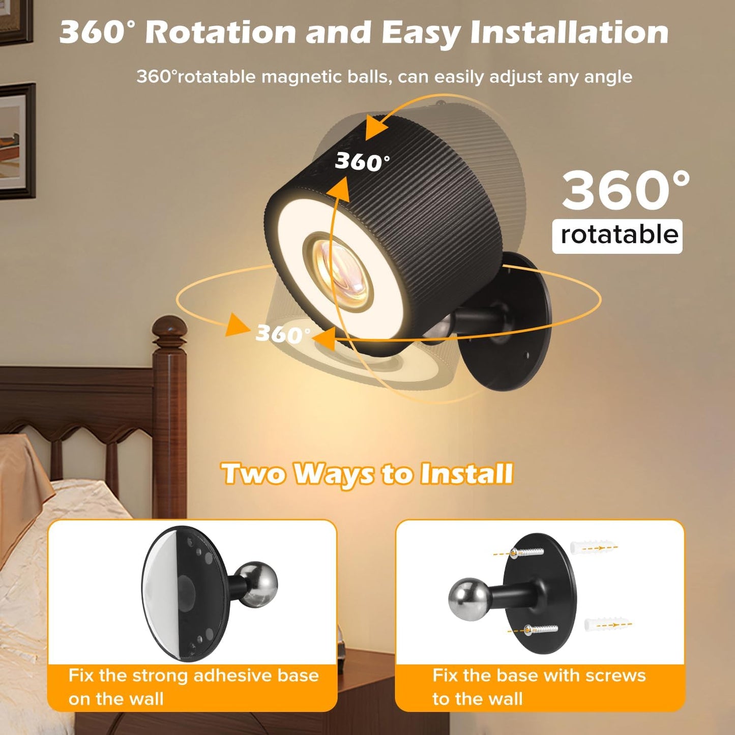 LED Wall Mounted Lights 4 Psc with Remote, 3000mAh Rechargeable Battery Operated Wall Sconces, 3 Lighting Modes & Dimmable, 360°Rotate Cordless Wall Light for Bedroom Bedside Reading Study (White)