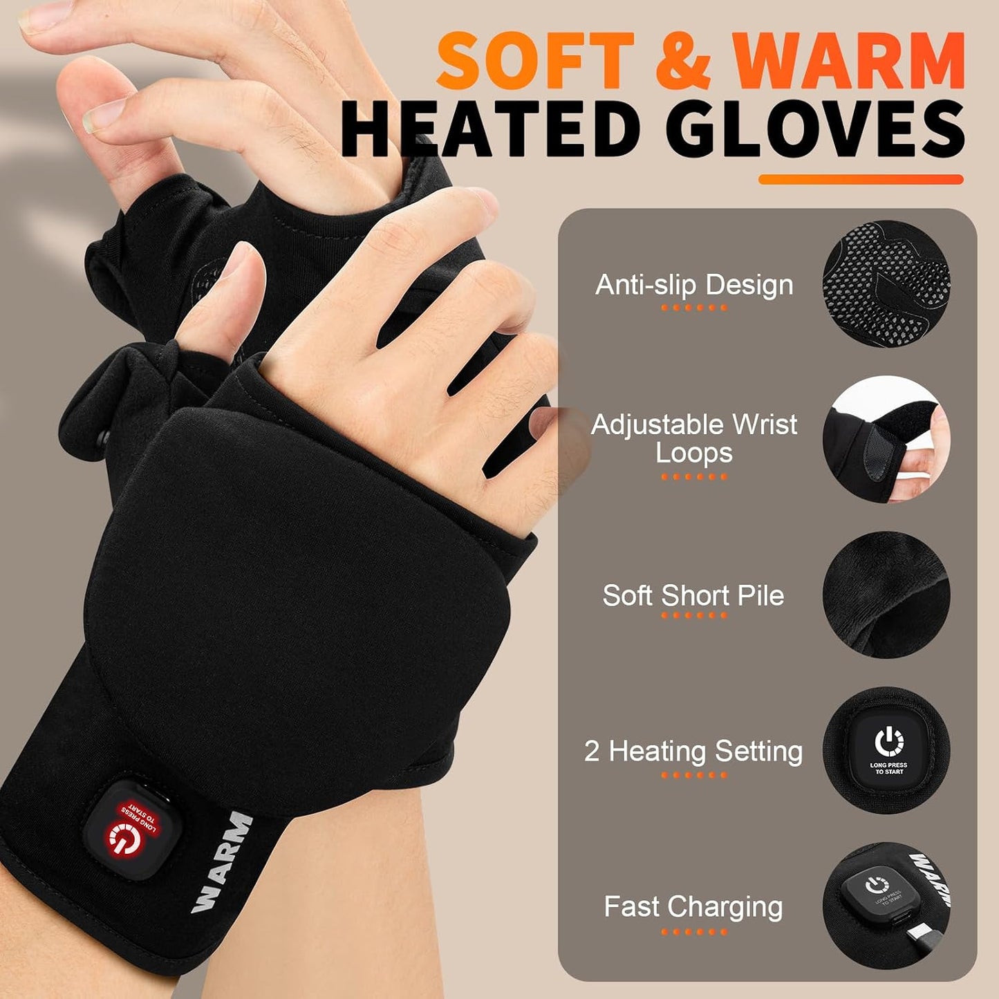 Heated Gloves for Men Women, Rechargeable Detachable Full & Half Hands Heated Glove Fingerless Electric Heating Gloves Hand Warmer for Work, Hunting, Skiing, Outdoor Work