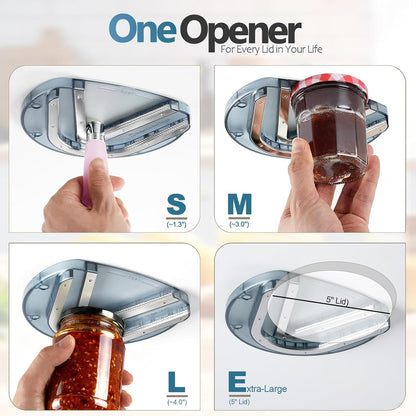 Mount-on Cabinet Jar Opener for Weak Hands,Seniors with Arthritis,Double U Shaped Grooves Grip Bottle Opener for Any Size Lid,304 Stainless Steel One-Handed Can Opener Tool for Home Assistance,Blue