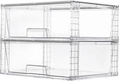 Vtopmart 2 Pack Large Clear Stackable Storage Drawers for Closet, Pantry | Easily Assemble Bathroom Undersink Organizers,Plastic Storage Bins for Cabinet,Kitchen Pantry Organization