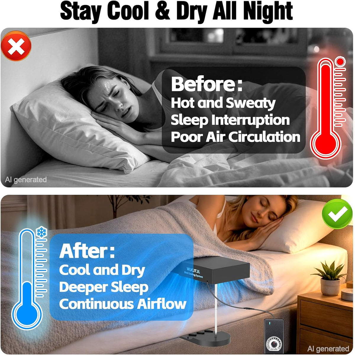 Bed Fan Under Sheets, Bed Cooling System with Adjustable Fan Speed (White)