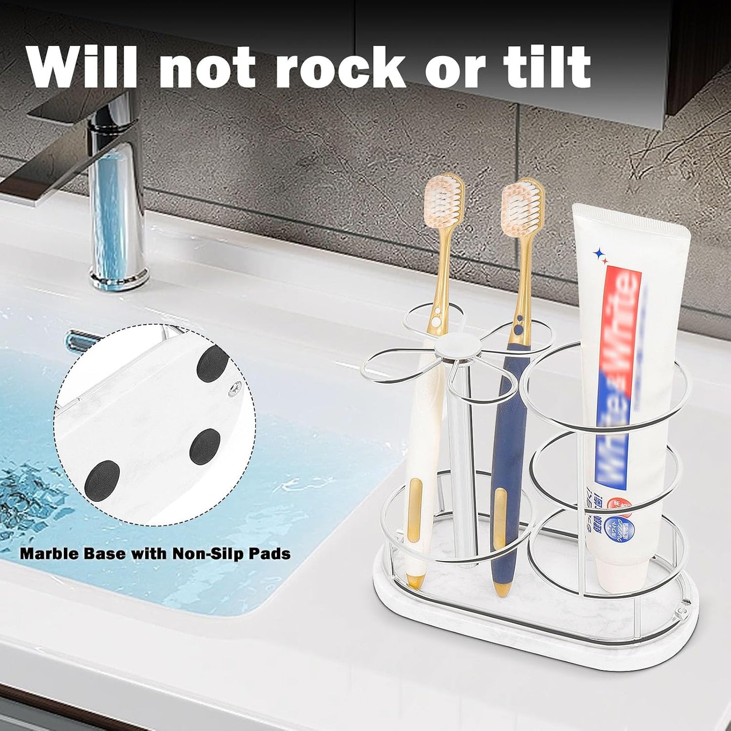 Toothbrush Holder Stand for Bathroom, Metal Toothbrush Organizer with Marble Base, Toothbrush Storage Collection for Family, Suitable for Home Hotel Countertop Vanity (Small, Matte Black)