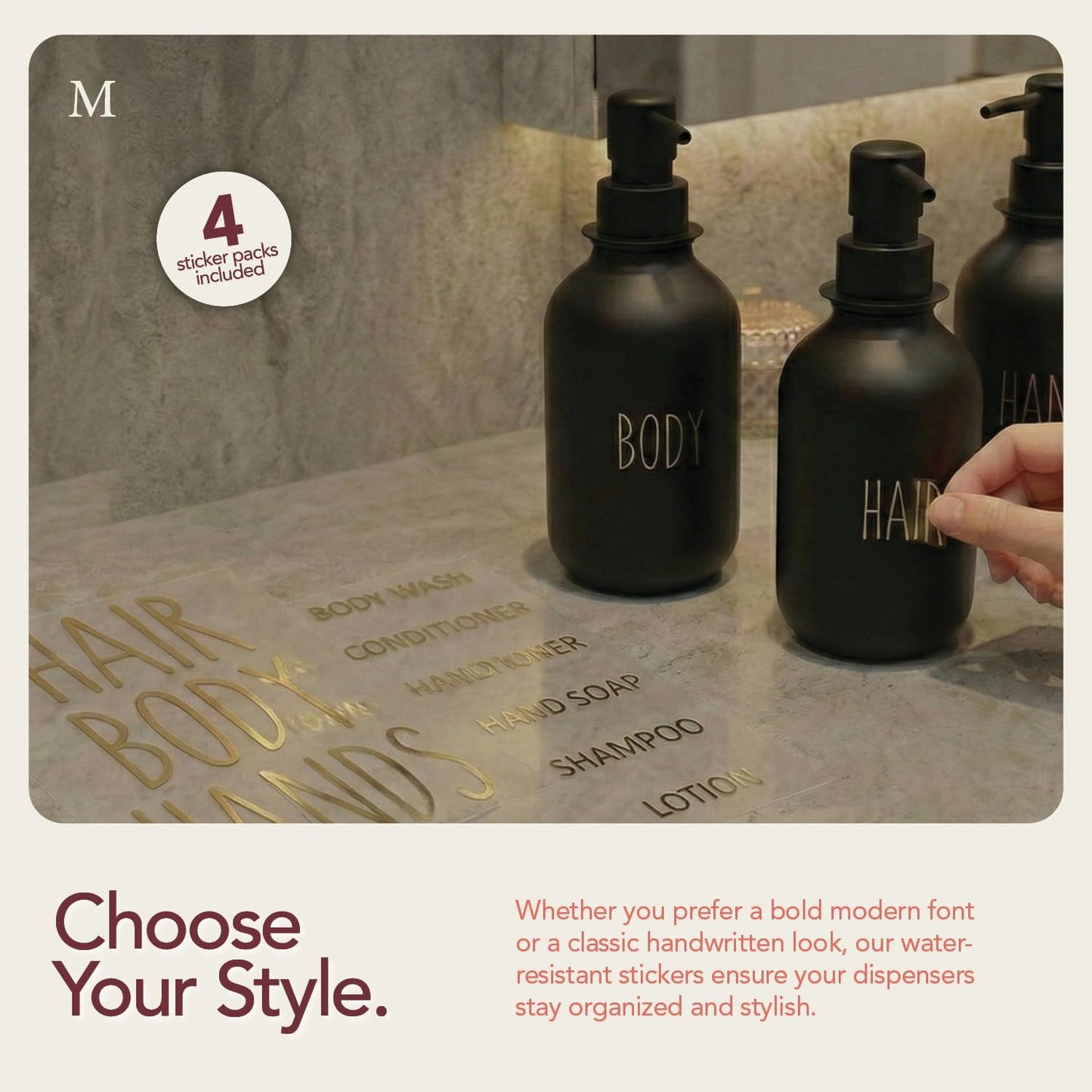 Black Soap Dispenser Set for Bathroom – 3-Packs Refillable Bottle Set, Soft Touch Pump Bottles Wall Mount Hooks Stickers Glue with Vanity Sink Placement Modern Design