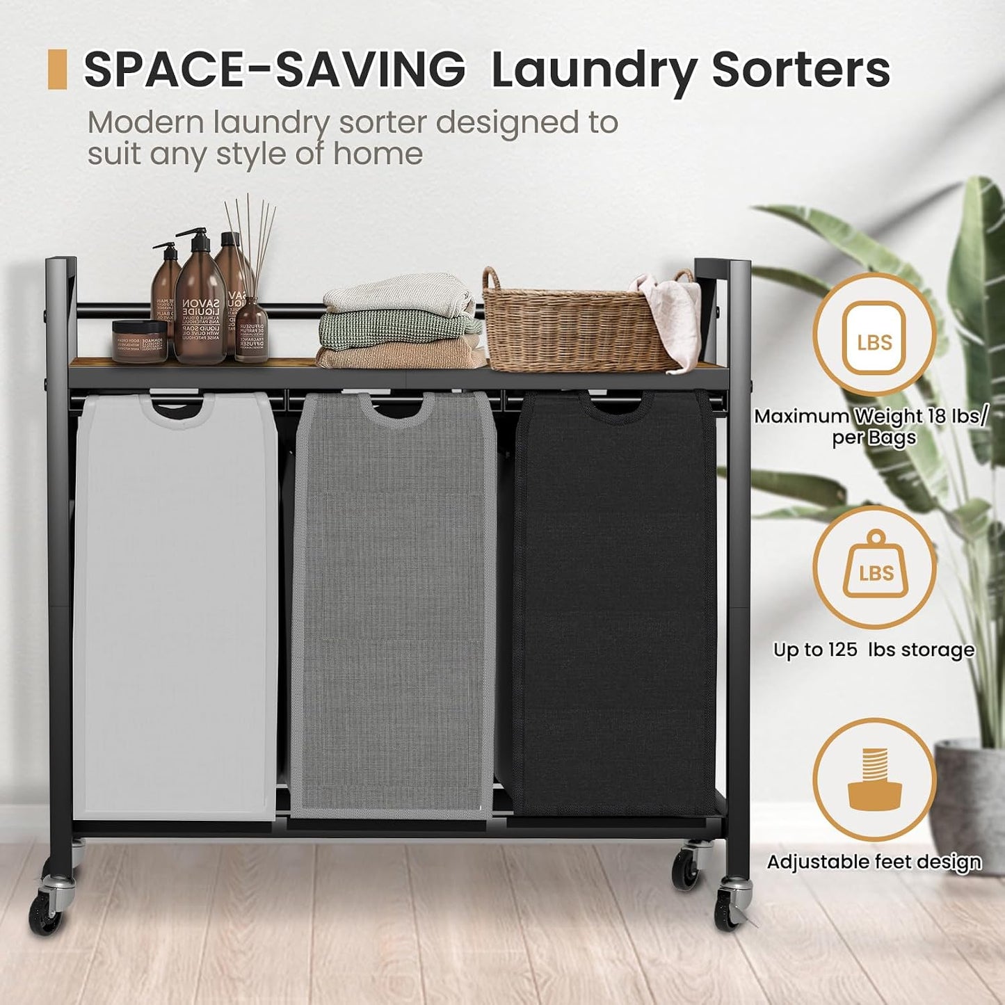 SwaaVee Laundry Sorter, Laundry Hamper 3 Section, 3×11.4Gal, Metal Frame Rolling Laundry Basket with Wooden Top Shelf, Pull out and Removable Laundry Bags, 3 Bags-Black