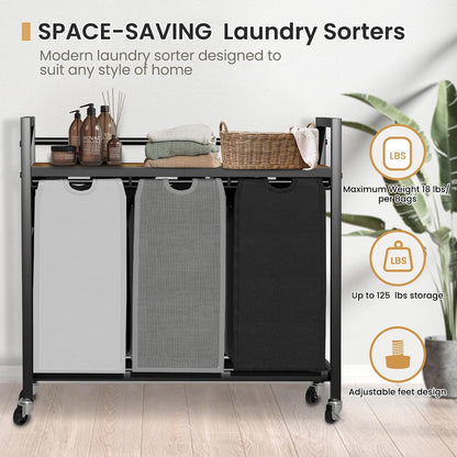 SwaaVee Laundry Sorter, Laundry Hamper 3 Section, 3×11.4Gal, Metal Frame Rolling Laundry Basket with Wooden Top Shelf, Pull out and Removable Laundry Bags, 3 Bags-Black