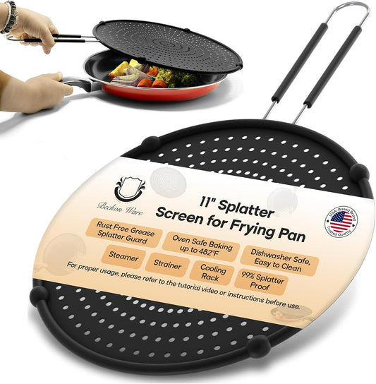 13-Inch Splatter Screen for Frying Pan - Silicone Grease Splatter Guard for 12"-13" Panss - |USA Brand|, Black | oven safe
