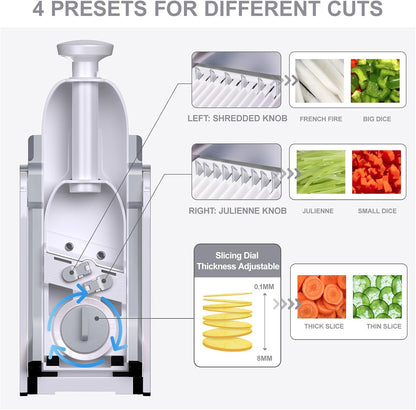 SupMaKin Safe Mandoline Slicer for Kitchen,Adjustable Potato Slicer 1-8 mm | 4 Modes Slice, Strips,Julienne Dicer,Vegetables Slicer Fry Food Cutter,Stainless Steel Blades, Foldable Dishwasher Safe,Gifts