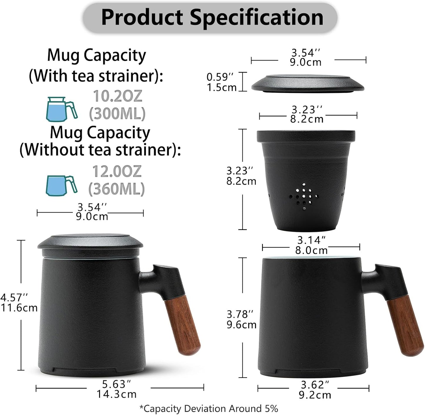 ZENS Tea Mug with Infuser and Lid for Loose Leaf Tea Steeper, 16.9oz Moss | Embossed Ceramic Tea Cup with Infuser for Herbal Tea Difussers, Tea Lovers Gifts, Nature Wood Handle