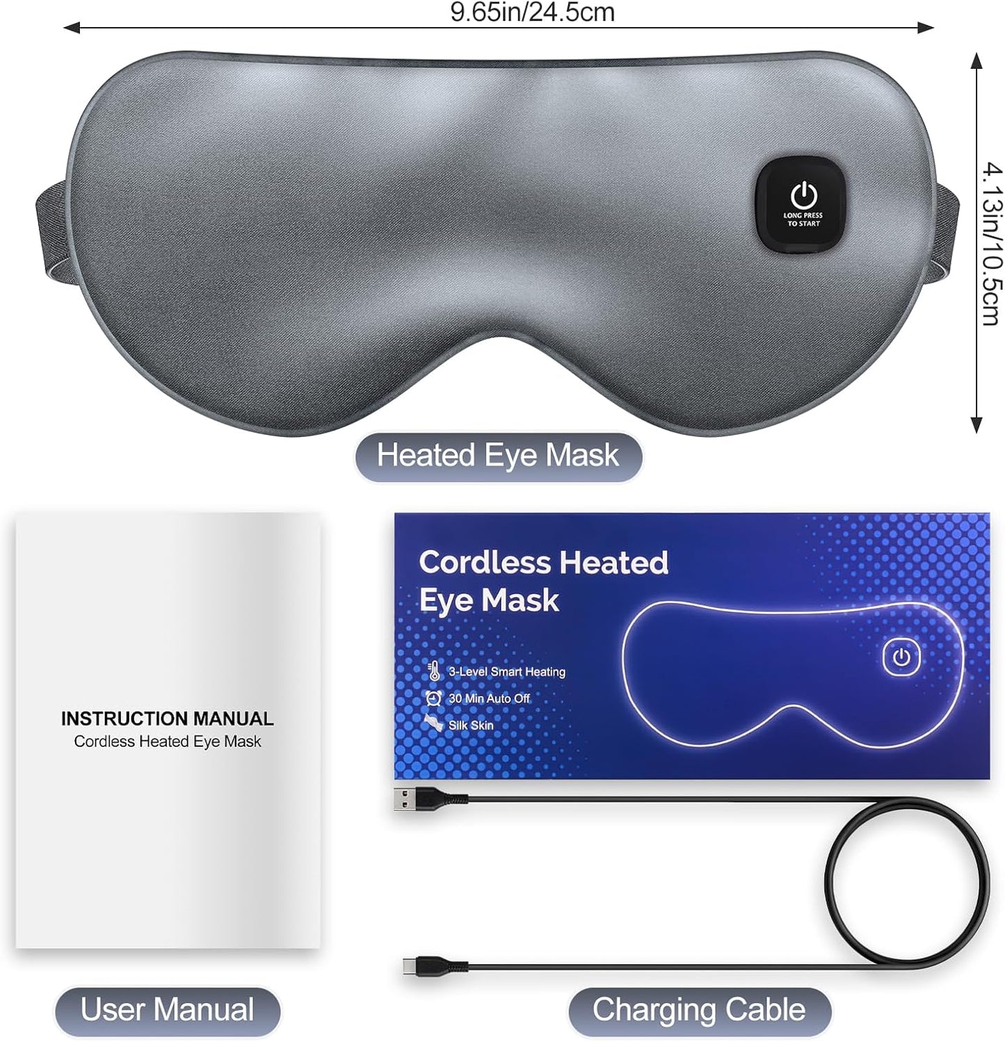 Cordless Heated Eye Mask for Dry Eyes, Blocking Light Warm Compress Rechargeable, 1000mAh Electric Eye Heating Pad for Sleeping, Washable Heat Sleep Mask with 3 Temperature Settings, Grey | Blocking Light Warm Compress Rechargeable, 1000mAh Electric Eye