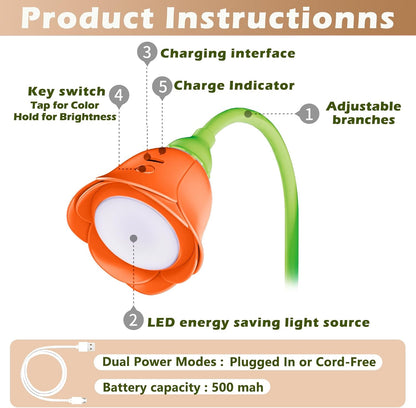 Rose Flower Lamp Rechargeable Reading Light for Bed,3-Color Modes Adjustable Brightness Small Night Light Neck Reading Light,Festival Gifts for Kids Mom Girlfriend Grandma(Orange-red)