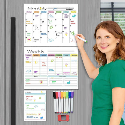 Hivillexun 16.5"x12" Clear Acrylic Magnetic Dry Erase Calendar Board with Monthly & Weekly Planner, 6 Markers & Large Eraser for Fridge, Office, Home (White)