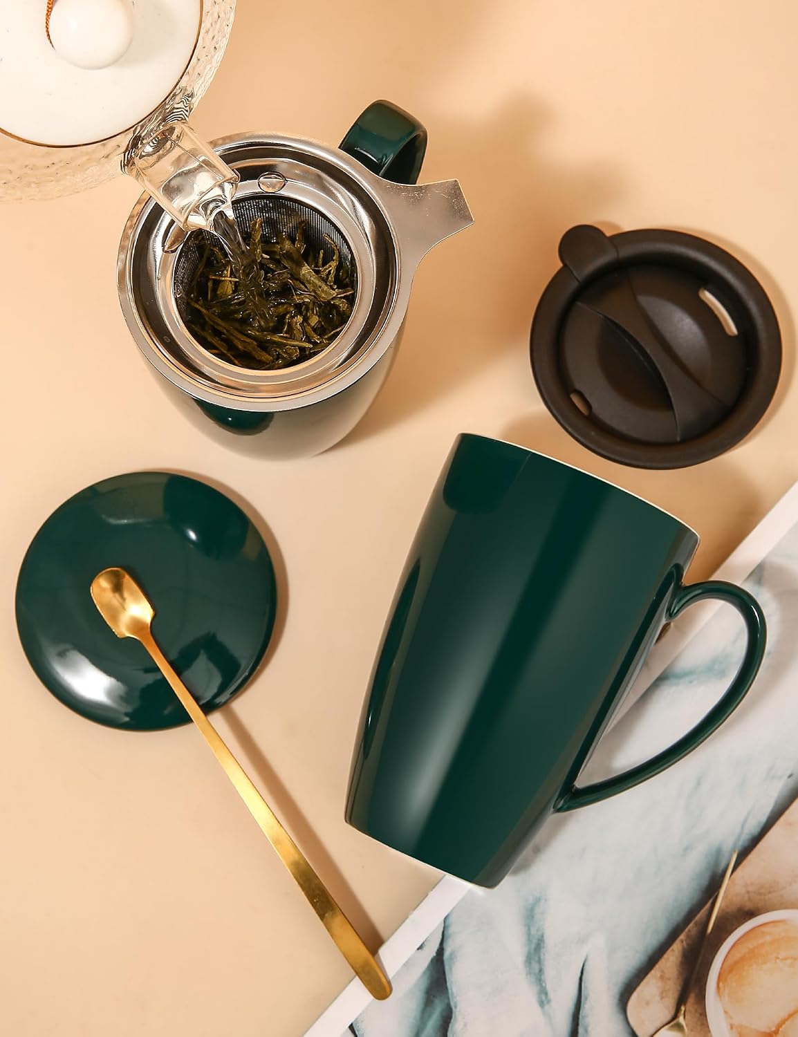 SISETOP 17 OZ Large Tea Cup with Infuser and Lid, Ceramic Tea Infuser Cup with Spoon for Loose Leaf, Microwave & Dishwasher Safe, Green