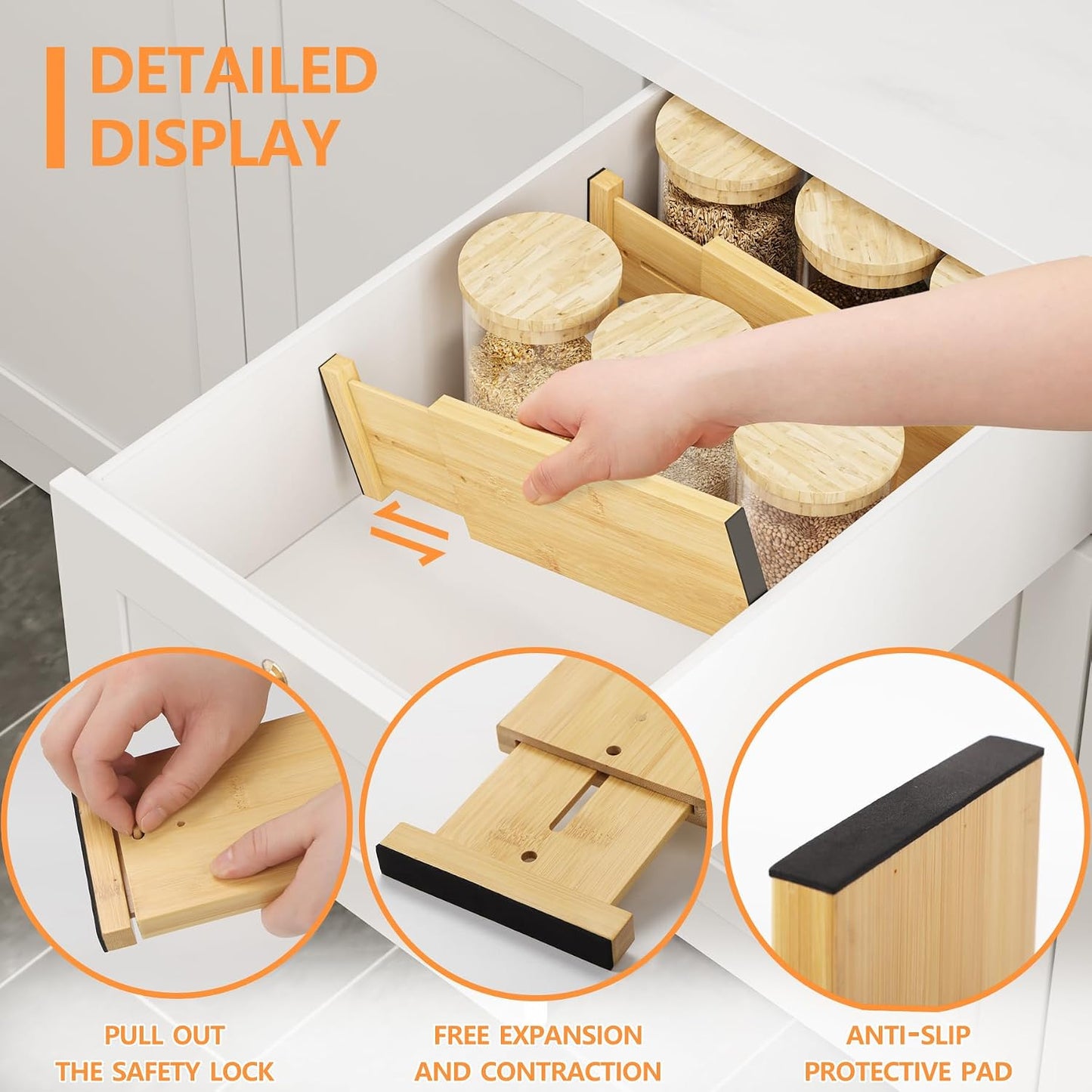 BAMEOS Bamboo Expandable Drawer Dividers – Fits 16.6"–22" Drawers, 2" High, Set of 4 | Spring-Loaded Bamboo Separator for Kitchen Island, Bathroom Vanity & Dresser Drawers