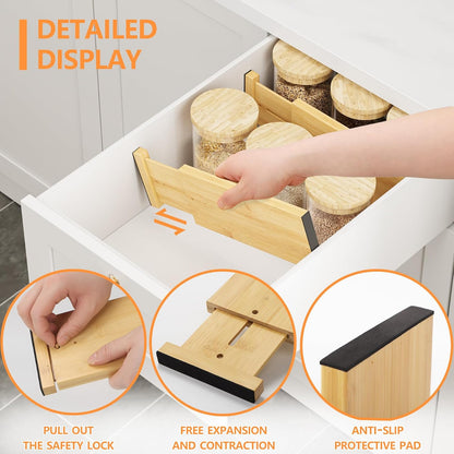 BAMEOS Bamboo Expandable Drawer Dividers – Fits 16.6"–22" Drawers, 2" High, Set of 4 | Spring-Loaded Bamboo Separator for Kitchen Island, Bathroom Vanity & Dresser Drawers