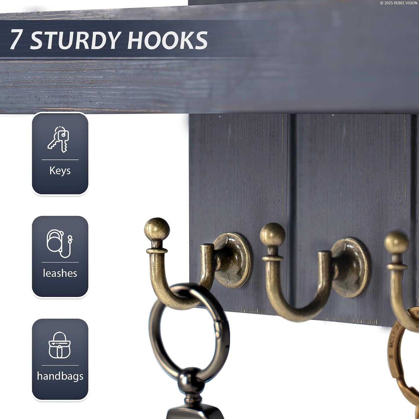 Rebee Vision Key Holder Wall Mount with 5 Key Hooks for Home Decor, Brown | 3.54'' x 10'' x 7.28'', Small Shelf for Display Plant, Key Hangers for Hat, Entryway Space-Saving Storage