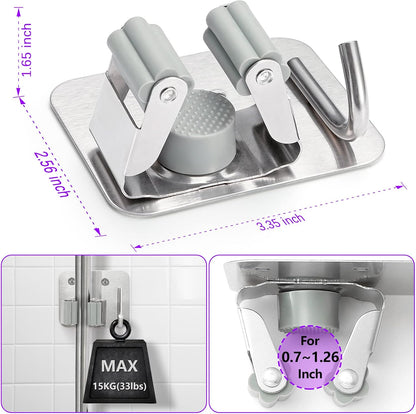 Stainless Steel Broom Holder, Heavy Duty, Rust Resistant, 4 Gripper Positions with 4 Hooks, Black | Drill-Mounted Gripper Rack Holds Brooms, Mops and Garden Tools Safely in the Laundry Room, Kitchen, Garage, Garden and Shed