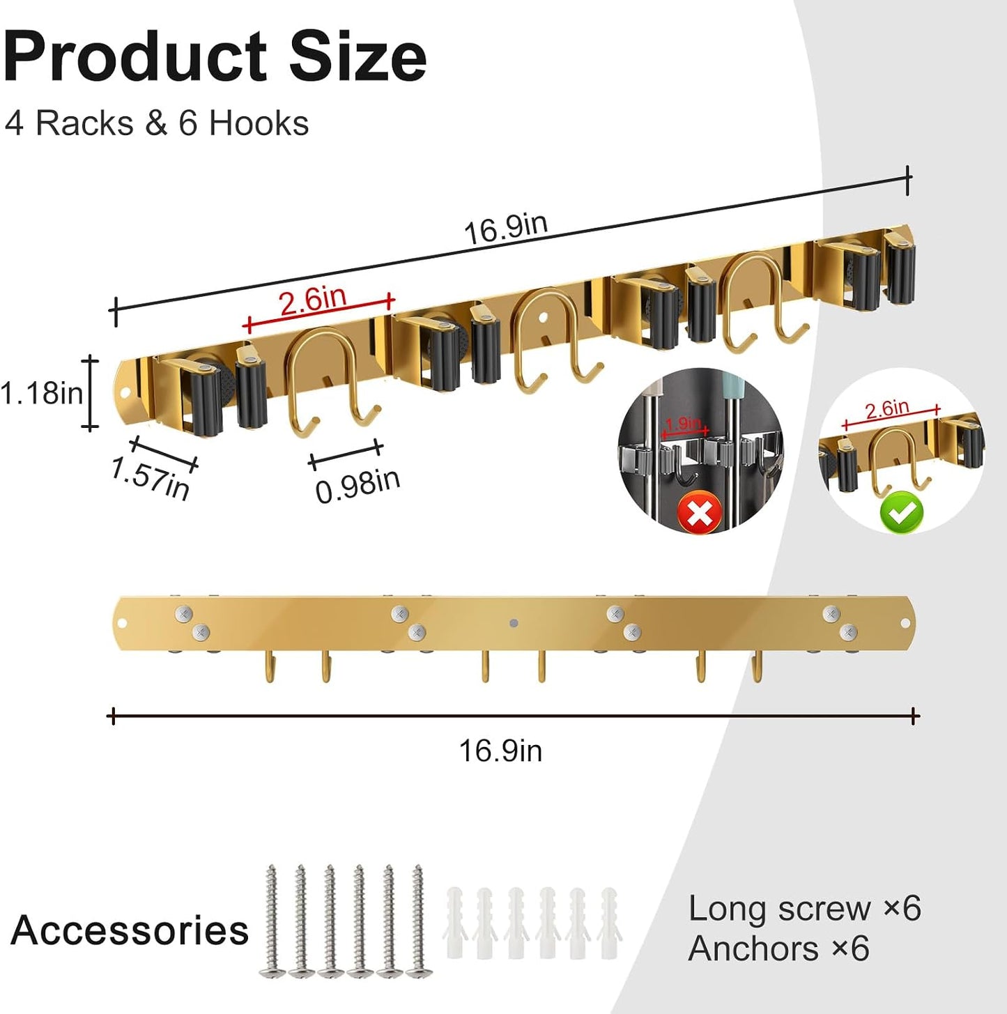 Mop Broom Holder Wall Mount, Gold Stainless Steel Tool Storage Organizer for Kitchen Garden Garage Laundry Room Bathroom and RV with 4 Slots 6 Hooks