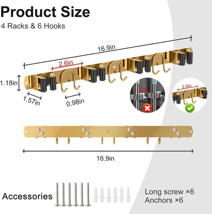 Mop Broom Holder Wall Mount, Gold Stainless Steel Tool Storage Organizer for Kitchen Garden Garage Laundry Room Bathroom and RV with 4 Slots 6 Hooks