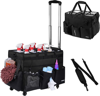 Extra Large Cleaning Caddy Bag with Built-In Support Board, Cleaning Tote Organizer with Removable Divider, Supply Carryall with Adjustable Shoulder Strap and Waist Belt for Cleaners & Housekeeper