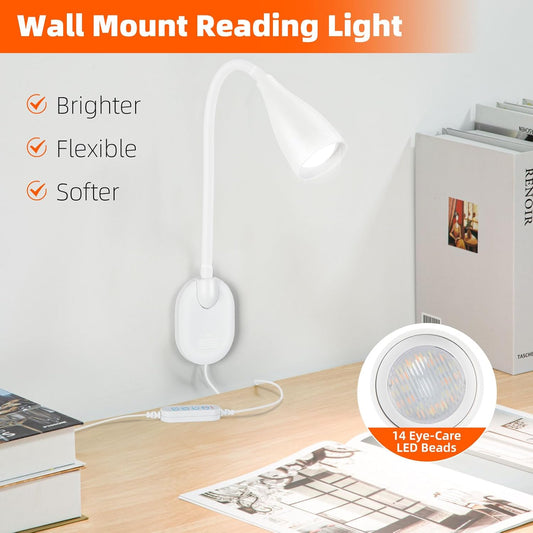 LiFMIRA Wall-Mounted LED Bedside Reading Light USB Charging Port White
