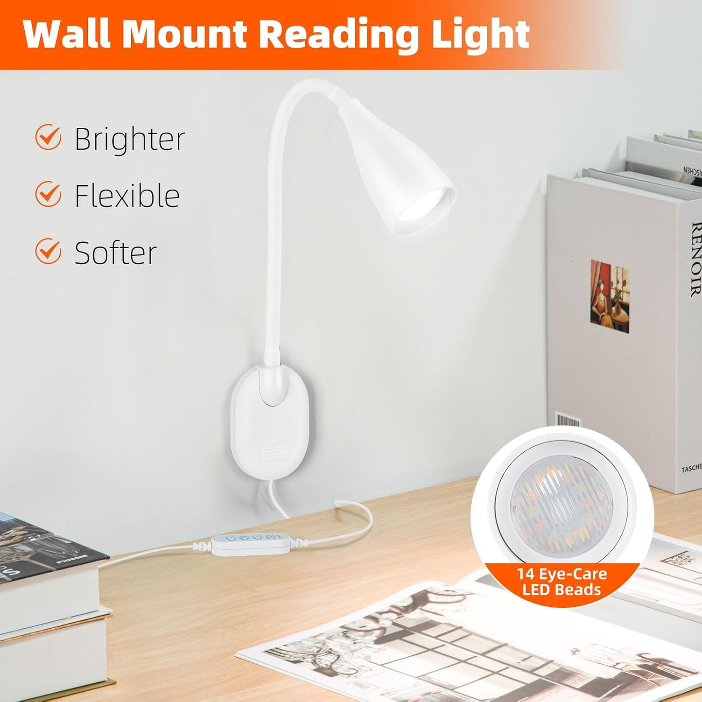 2 Pack LED Wall Mounted Bedside Reading Light, 3 Color Modes,10 Brightness Dimmable, USB Charging Port, Memory Timer Adhesive Wall Light Night Lamp for Books in Bed, Eye-Caring Bedroom Lighting White