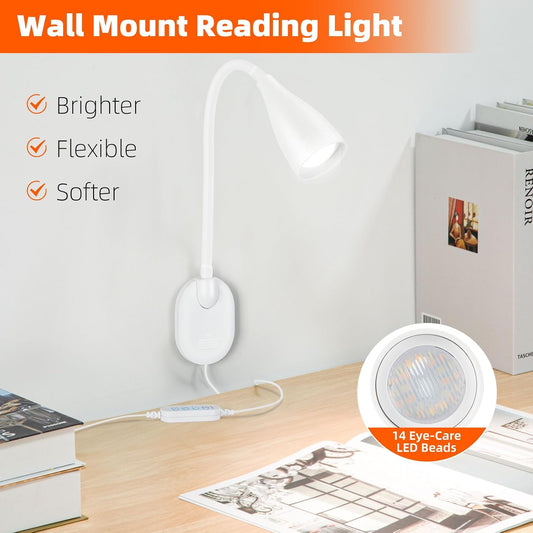 2 Pack LED Wall Mounted Reading Light, 5 Color Modes,10 Brightness Dimmable