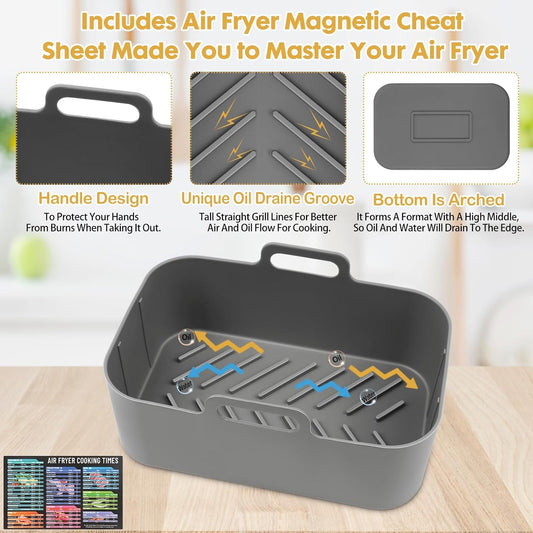 Silicone Air Fryer Liners 10QT, Reusable Airfryer Basket Liners Rectangular for Ninja DZ550/DZ401, 2Pcs 5QT Large Air Fryer Accessories,Replacement Basket Insert with Magnetic Cheat Sheet (2 Pcs Grey)