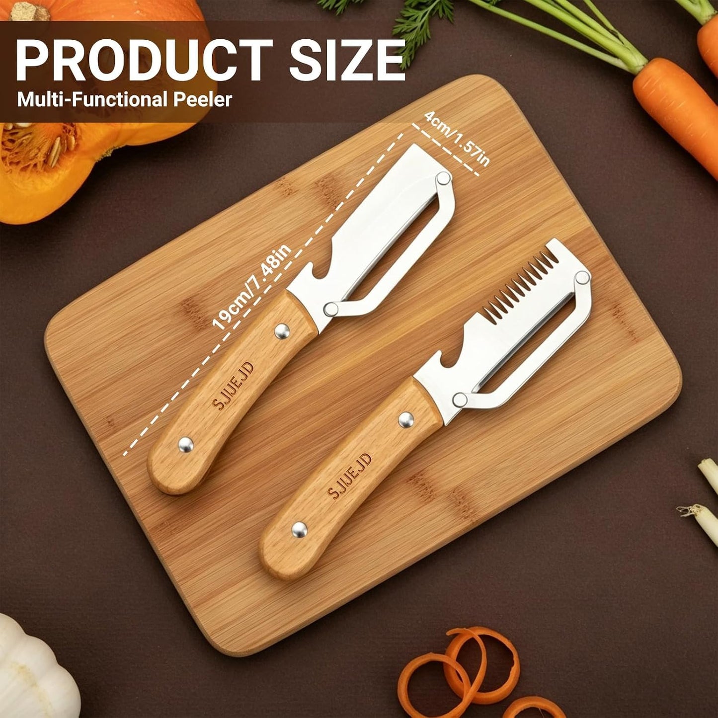 Multifunctional Vegetable Peeler and Julienne Peeler, Stainless Steel Shredder with Wooden Handle and Bottle Opener for Potatoes Carrots Cucumbers Cabbage and Fruit (1Pc)