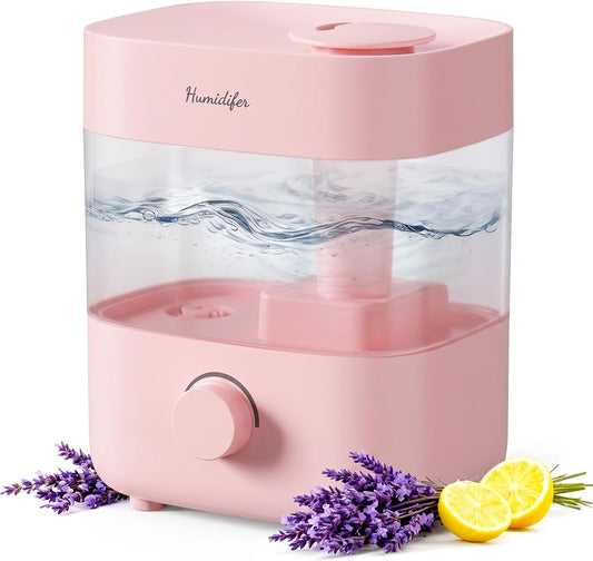 Humidifiers for Bedroom, 2L Top Fill Cool Mist Humidifier, 20dB Quiet ﻿ | 2L top-fill tank, dual 360° nozzles, 20dB quiet operation, stepless mist control, 7-color light, and low-water auto shut-off