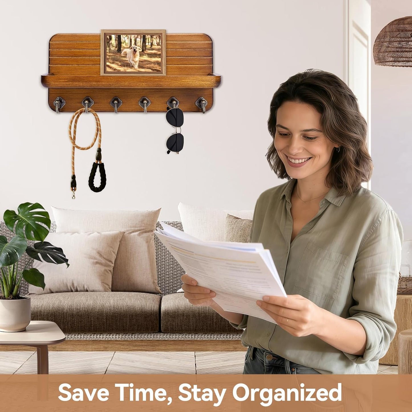 Key Holder for Wall, Mail Organizer Wall Mount with 6 Hooks Wooden Hanging Key Rack for Home Decor, Hallway, Entryway (Yellow)