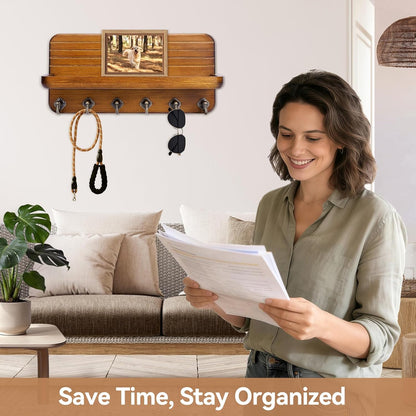 Key Holder for Wall, Mail Organizer Wall Mount with 6 Hooks Wooden Hanging Key Rack for Home Decor, Hallway, Entryway (Yellow)