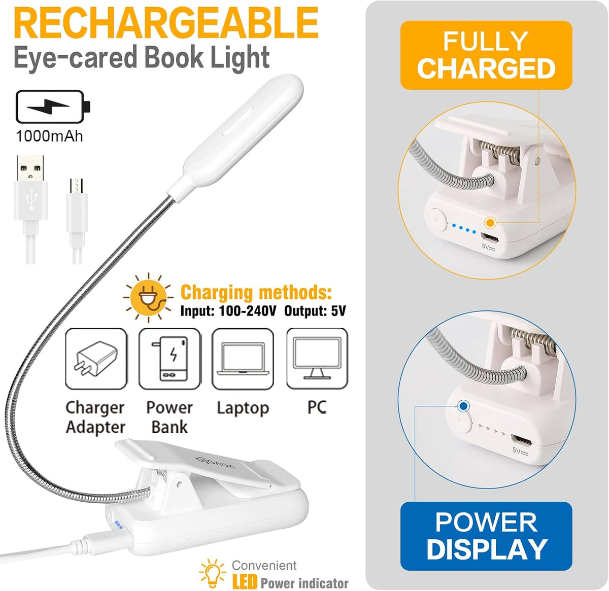 VAVOFO Rechargeable Book Light, Blue Light Blocking, Amber 1600K Clip On Reading Light, Eye Care 7 LEDs Kids Book Light for Reading in Bed with Power Indicator for Bookworms (Neon Orange)