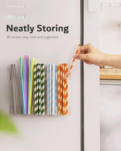 Upgraded 9.5'' Large Acrylic Straw Holder for Cabinet Door, Adjustable Space-Saving Straw Organizer Storage Dispenser for Cabinet with Ultra Sticky Adhesive Strips, 2-Part Rack, Drainage Holes