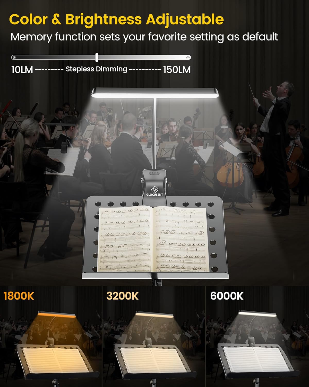 Glocusent Rechargeable Music Stand Light,11.2” Wide Clip On Light for Piano | 57 LED Piano Light, 3 Colors & 5 Brightness Piano Lamp,140Hrs Runtime, For Musician/Piano Player/Sheet Music/orchestra