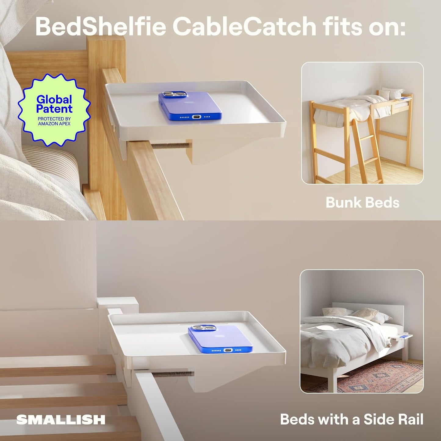 BedShelfie Bedside Shelf for Dorm Room Bunk Bed & Top Bunk, College Dorm Room Essentials, Bedside Caddy, Clip on Floating Desk Tray, Bed Side Table Storage, Loft Nightstand Decor - Cable Catch, Black