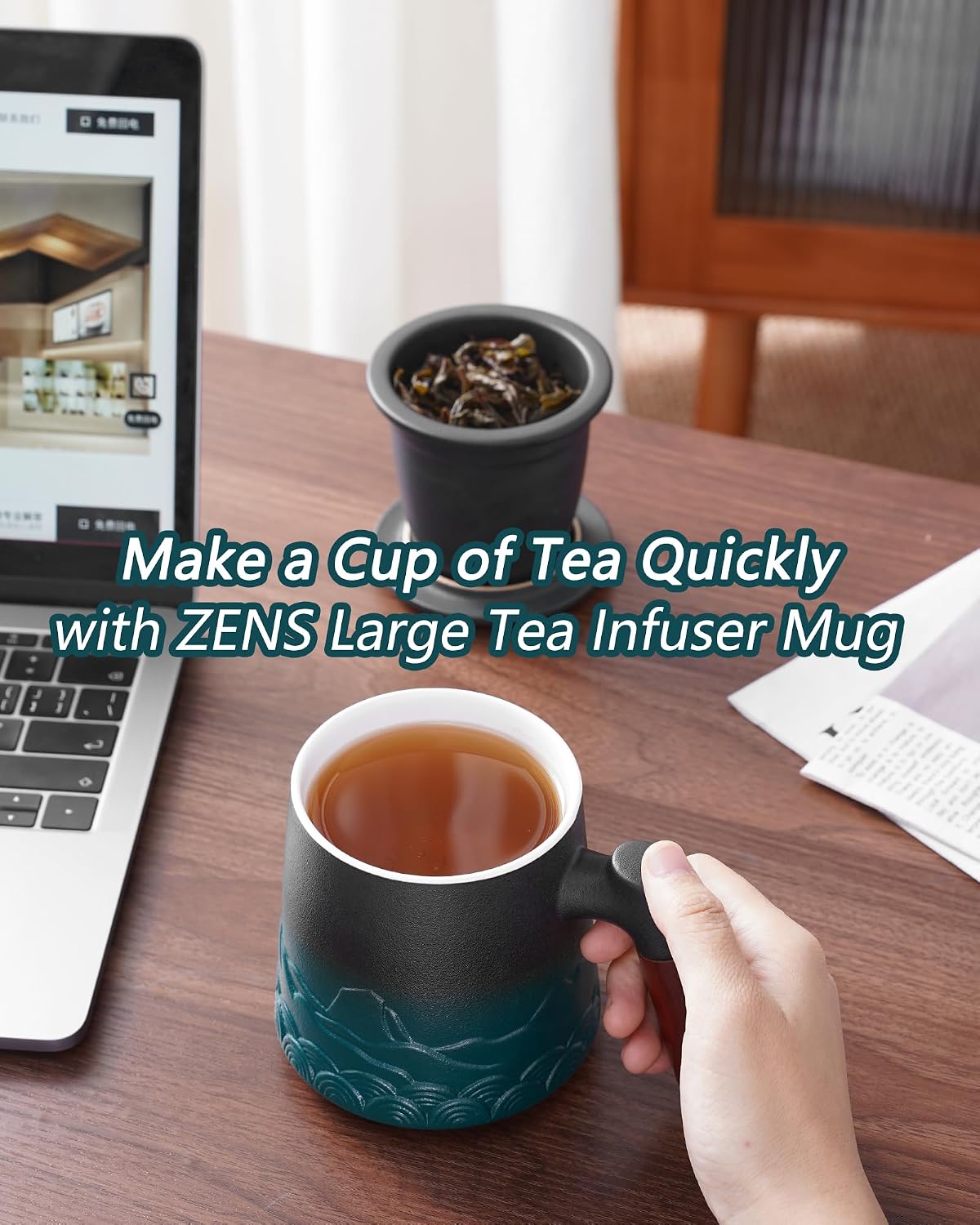 ZENS Tea Mug with Infuser and Lid for Loose Leaf Tea Steeper, 16.9oz Moss | Embossed Ceramic Tea Cup with Infuser for Herbal Tea Difussers, Tea Lovers Gifts, Nature Wood Handle