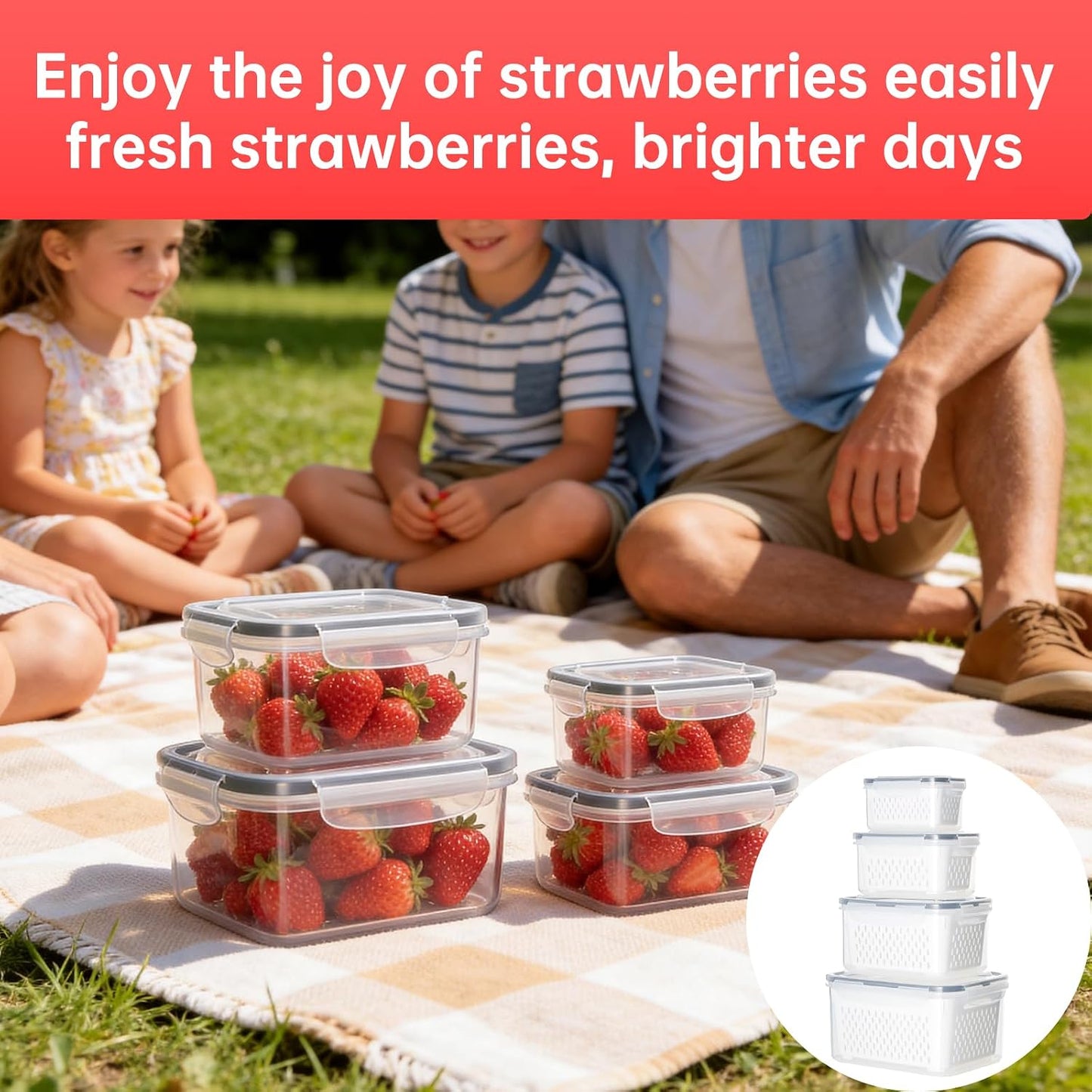 Fruit Containers for Fridge with Removable Colander, 4 Pack Strawberry Storage Containers for Fridge, Containers with Lids, Keep Strawberries, Berries Fresh for Longer