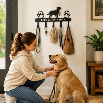 5-Hooks Dog Leash Holder for Wall, Metal Key Holder Leash Hooks,Pet Leash and Key Organizer, Screw Mounted Rack for Leashes Keys Collars, Entryway Garage Mudroom(10.6" × 4.9" × 0.8")