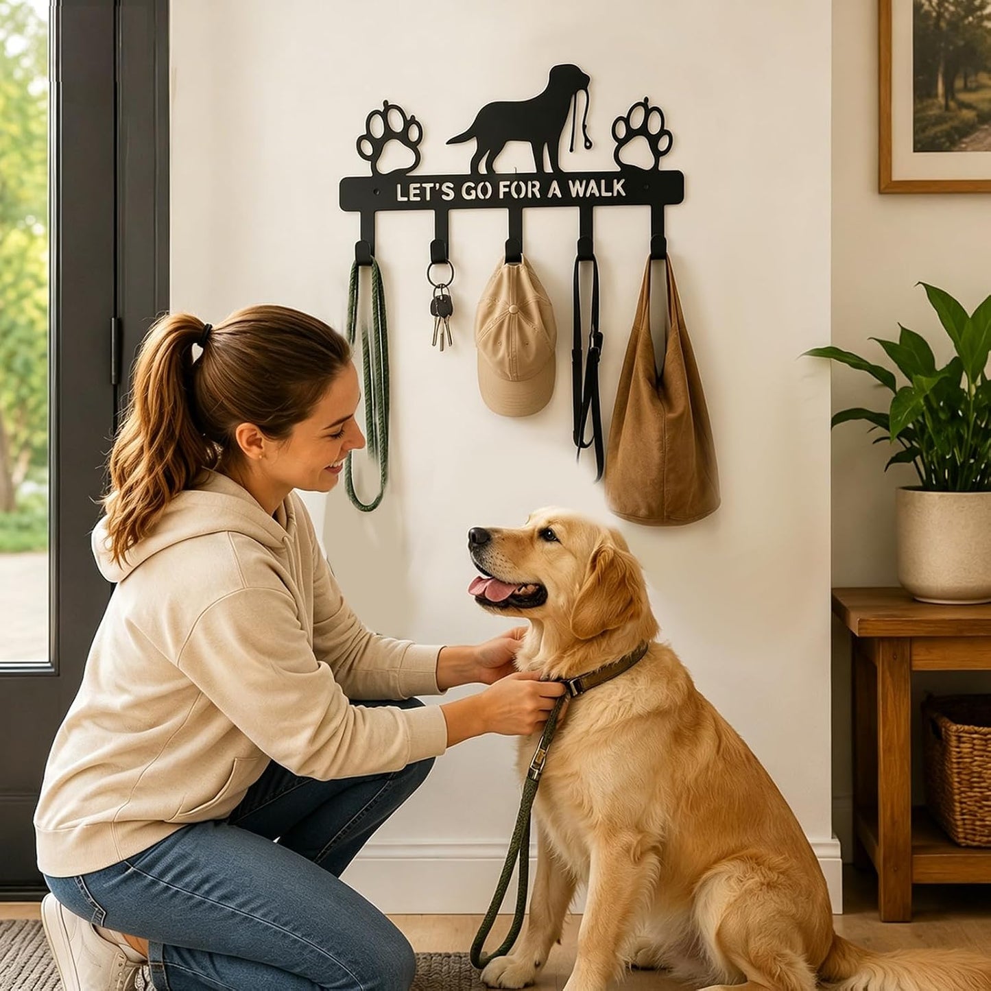 Dog Leash Holder for Wall, Key Holder with 5 Metal Hooks, Let's Go for A Walk Pet Leash & Collar Organizer, Screw Mounted Wall Rack for Entryway, Garage, Mudroom & Hallway